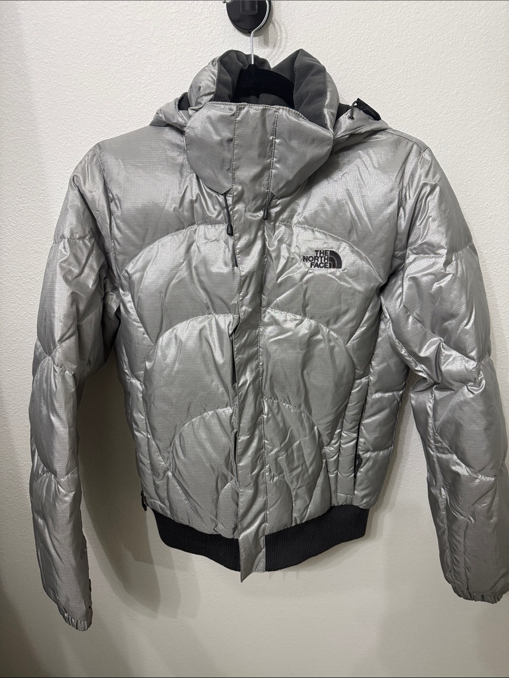 The North Face Silver Puffer Jacket with Hood